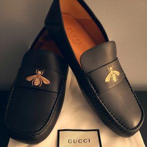 Men Gucci Bee Black Leather Drive Loafers NIB